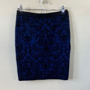 Blue Black Floral Stretchy BodyCon Mini Pencil Skirt Forever 21 women large y2k